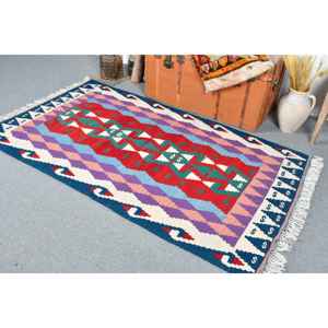 Alfombra vintage de 3.8x6.6 pies, alfombra de lana azul y roja con motivos de plantas y árboles turcos. - Product Image 3