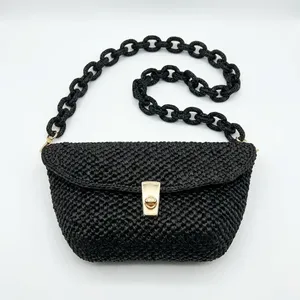 Sac de soirée demi-lune en raphia noir ANA Madagascar avec chaîne et fermeture à rabat, fait main - Product Image 2