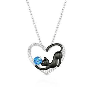 Jeulia Custom <b>Black</b> <b>Cat</b> Heart Necklace with Diamond Pearl Birthstone - Product Image 1
