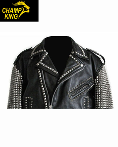 Veste en cuir noir de luxe pour homme de haute qualité, ornée de diamants et de strass, fabriquée par la marque Champ king. - Product Image 2