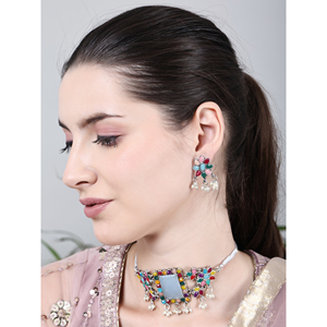 Collier ras du cou multicolore en alliage de zinc avec pierres rectangulaires, motifs floraux et chiffres, tendance, en quartz et diamant, chaîne en corde pour mariage - Product Image 1
