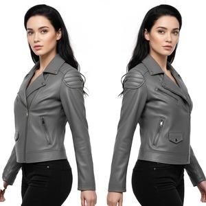 Premium Grey Genuine Leather Motorbike <b>Jacket</b> <b>Women</b> Custom Bulk Wholesale Factory Price Biker Style Ladies Coat OEM Service - Product Image 1