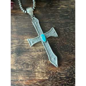 Pendentif en turquoise de Kingman Navajo et argent sterling, en tufa façon pavé, avec sertissage clos, type religieux chrétien - Product Image 3