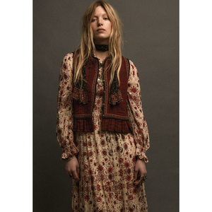 CASILDA Gilet long en cuir véritable pour femme avec broderie décorative, vêtement d'extérieur en denim tissé, style vintage tricoté, rembourré en coton - Product Image 1