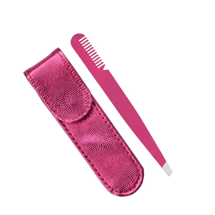 Pinset dengan sisir grosir alat kecantikan baja tahan karat kustom label pribadi pinset alis merah muda klip alis