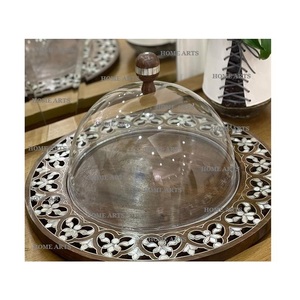 Premium Quality Round Shape Cake Server With Lid Wood And <b>MOP</b> Work Cake Server With Glass Lid <b>For</b> <b>Sale</b> - Product Image 2