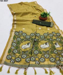 Sari traditionnel indien en pur coton Muga doux avec tissage Meenakari, riche pallu et pièces de chemisier en coton tissé - Product Image 1