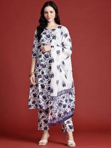 <b>women</b> Floral Printed Pure Cotton Kurta with <b>Trousers</b> & Dupatta indian pakistan salwar kameez suit - Product Image 5