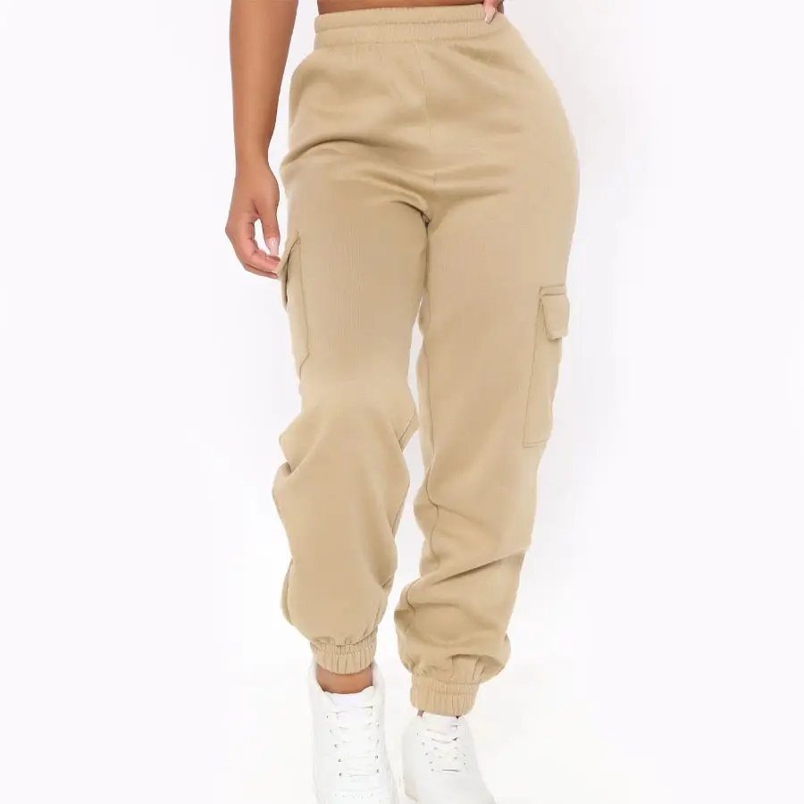Most Demanding Women Khaki Color Basic Cargo Sweatpants With Elastic Waist And Side Pockets Women Casual Trousers