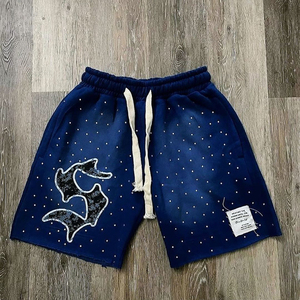 Short avec strass lavage à l'acide et broderie en détresse imprimé personnalisé été strass appliques Streetwear Shorts hommes - Product Image 1