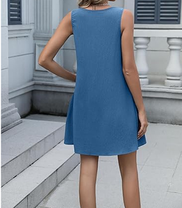 Mini robe sans manches à col en V bleu pour femmes avec coupe ample une ligne ourlet décontracté tenue d'été léger Style de vêtements de plage - Product Image 3
