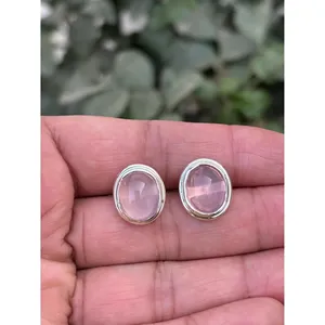 925 Silver Oval Rose Quartz <b>Stud</b> <b>Earrings</b> with Diamond Gold-Plated Rose Gold Trendy Cute Style for Engagement Wedding Party - Product Image 1