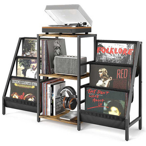 3-Tier Metal Record Player Stand With Vintage Brown Wood Record Player Table Up To 300 Albums Vinyl Record Storage Rack