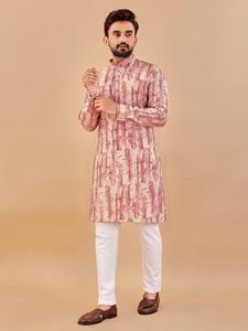 Pyjama Kurta en coton de créateur multicolore style Manyavar pour hommes, vêtement de mariage indien pakistanais, imprimé en relief - Product Image 6