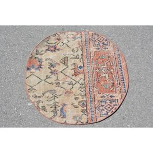 พรมตุรกีโบราณดีไซน์การเย็บปะติดปะต่อกันสีแดงสีเบจวัสดุขนสัตว์2.6 x 2.6ft มีหนุนหลังทำจากยางสำหรับห้องนอนห้องโถง - Product Image 1