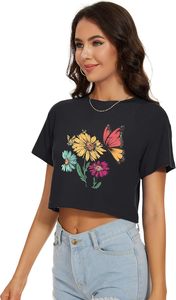 Tops cortos de invierno para mujer, blusa informal de algodón/poliéster/Rayón/LICRA con manga corta y cuello redondo, camisetas holgadas - Product Image 3