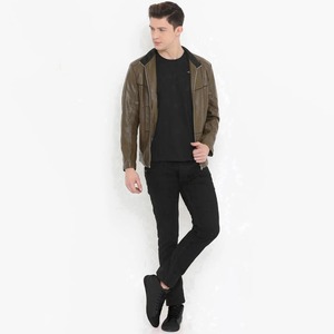 Veste à capuche slim fit en cuir d'agneau véritable pour homme, style streetwear, col montant, effet vieilli, toile vintage, service OEM - Product Image 4