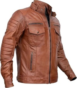 แจ็คเก็ตหนังแท้สีน้ำตาลสำหรับผู้ชาย แบบสั่งทำขายส่ง แจ็คเก็ตสไตล์ไบค์เกอร์ แจ็คเก็ตคาเฟ่เรเซอร์ หนังแกะ ทรงเข้ารูป - Product Image 3