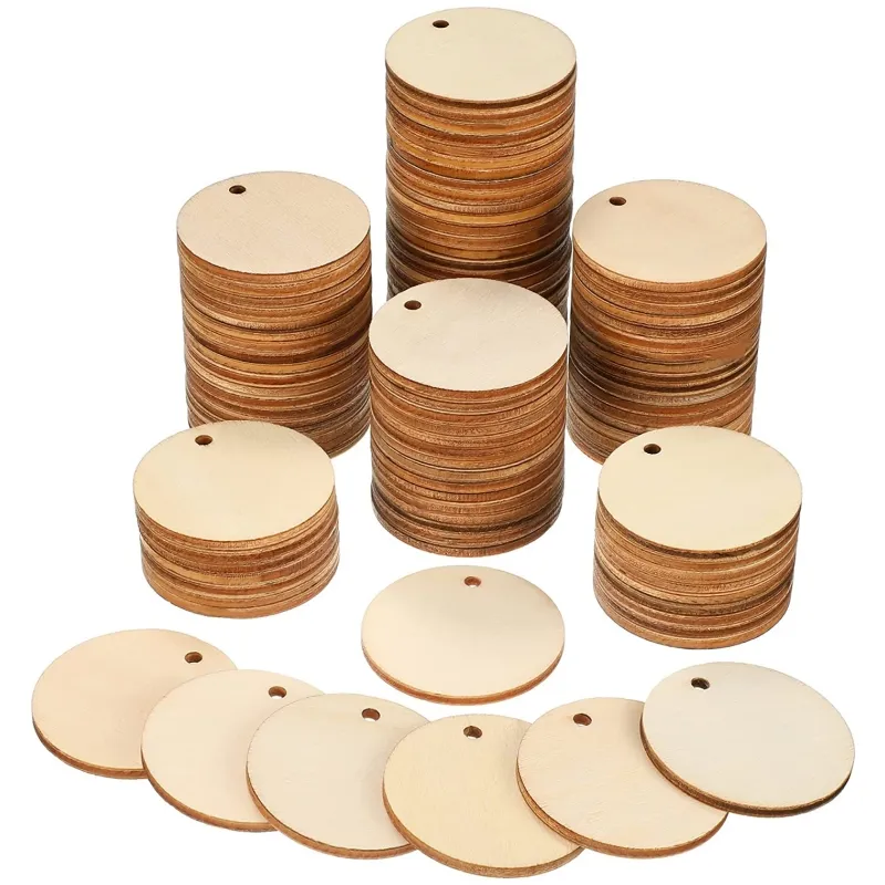 100 PCS 1.5 Inch Unfinished Round Wooden Circles with Holes for Craft Blank Natural Wood for Party Birthday Christmas Decoration