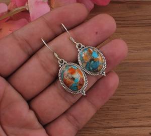 Boucles d'oreilles ovales faites à la main en mosaïque turquoise et huître en cuivre plaqué rhodium pour femmes bijoux de mariage - Product Image 2