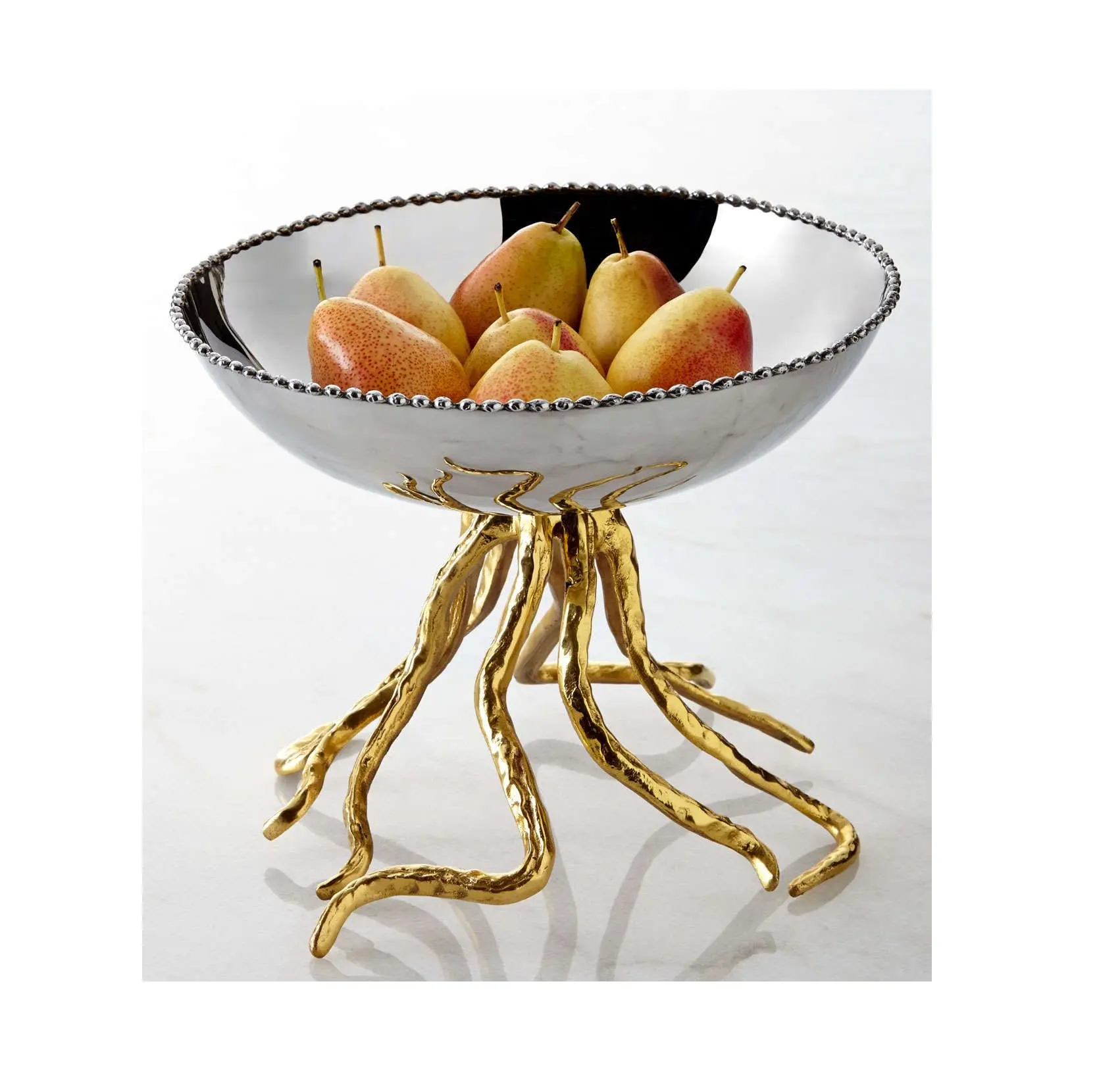 Elegante nuevo diseño de decoración de la mejor calidad, cuenco de plata con estilo único con soporte de brazos de pulpo dorado, vajilla, cuenco para servir frutas