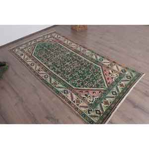 Tapis turc vintage 3,6x6,9 pieds, tapis en laine à carreaux vert et rouge - Product Image 3