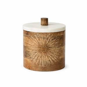 Wooden Storage Jar with Geometric Star Carving and Marble Lid Handcrafted Acacia Wood Home Decor - Product Image 6