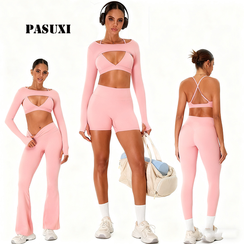 PASUXI Naked Feel High Waisted Squat Proof Yoga Set Women 5 Piece Seamless Long Sleeve Sports Bra Leggings Gym Wear