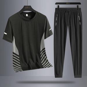 Summer round neck ice silk <b>short</b> <b>sleeved</b> T-shirt and pants sports set, quick drying, sweat absorption, and running two-piece set - Product Image 3