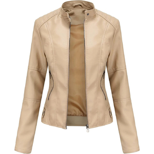 Women's Beige PU <b>Leather</b> Moto <b>Jacket</b> Full Sleeve Stand Collar Zipper Closure Regular Fit Autumn Style - Product Image 4