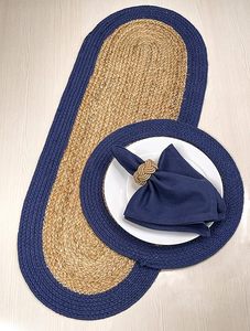 Round Verona Woven Jute Cotton Braided Placemat for Dining <b>Table</b> Decor Wedding Family Gatherings Parties With <b>Blue</b> Border - Product Image 2