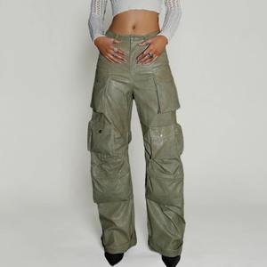 Pantalones Anchos de Cuero con Bolsillos de Parche Sólido para Hombre, Cintura Alta, Estilo Urbano Holgado con Botones, Largos, Impermeables y Transpirables - Product Image 1