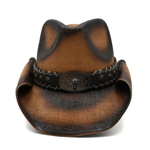 Retro Cabeza de Vaca cinturón de cuero de ala ancha al aire libre playa vaquero vaquera sombrero de Sol occidental para Mujeres Hombres Casual pintado paja dura - Product Image 2