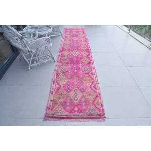 Tapis de couloir vintage, tapis turc 2,6x12,8 pieds, tapis oriental en laine rose - Product Image 1