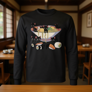T-Shirt a Maniche Lunghe con Gatto Giapponese che Mangia Ramen e Sushi, Personalizzabile, Promozionale - Product Image 3