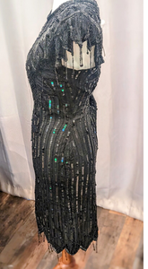 Robe de soirée formelle midi personnalisable motif solide paillettes perlées courte longueur gaine sans manches taille naturelle écologique - Product Image 4