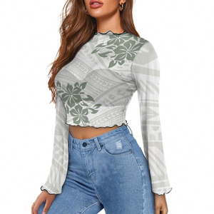 เสื้อแฟชั่นฤดูใบไม้ผลิใหม่ พิมพ์ลายดอกชบาแบบโพลินีเซียน เสื้อแขนกระดิ่งสำหรับผู้หญิง ระบายอากาศได้ดี - Product Image 1