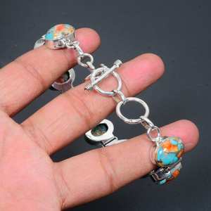 Natural Spiny Oyster Turquoise Gemstone Charm <b>Bracelet</b> Handmade 925 Sterling Silver Luxury Jewelry with GIA Certification - Product Image 4