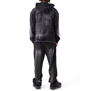 100% coton respirant lavage à l'acide survêtement motif solide 2 pièces ensemble à capuche pantalons de survêtement écologique grande taille hiver Jogging - Product Image 2