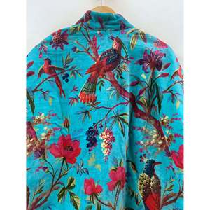 Veste en velours imprimé Turquoise Garden pour femmes, réversible, motif botanique et oiseaux, grande taille, pour la saison printanière - Product Image 5
