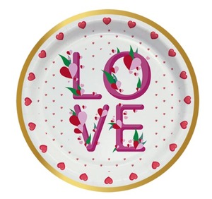 Assiette en papier coeur Saint Valentin (Style #2) - 9 pouces, 350 GSM, déjoué, 8PC (Design, Specs & Pack Qté personnalisable) - Product Image 1