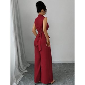 Mono largo brillante con cuello alto, sin mangas, adornado con perlas y cinturón para mujer, 35237 - Rojo - Product Image 3