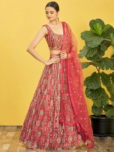 LEHENGA para Fiestas de Boda, en Chinnon, con Silueta Plisada y Estampado Geométrico Completo en Azul Marino, de Secado Rápido - Product Image 2