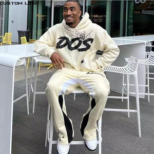 Custom <b>Cotton</b> Print Cut <b>Raw</b> Hem Edge Hoodie Patchwork Sets Men Tracksuit Lightweight Stacked Flared Men Two Pieces Winter Casual - Product Image 2