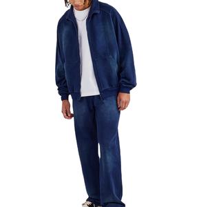 Conjunto Deportivo de Invierno para Hombre, Estilo Vintage, Lavado, Azul Marino, Chaqueta con Cremallera Completa, Pantalones Deportivos Anchos, Estilo Denim - Product Image 3