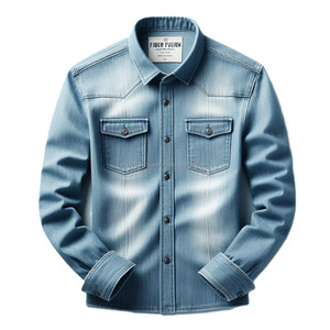 เสื้อยีนส์สีครามผ้าฝ้าย100% สำหรับผู้ชายผ้าทอลายทแยงสีฟ้าอ่อนมีสไตล์ลำลองแบบสมาร์ทมีกระดุมกระเป๋าระบายอากาศ - Product Image 3
