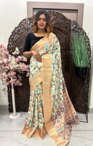 Saree Kalamkari imprimé numérique en soie Dola douce de qualité supérieure et riche avec bordure Kanjivaram pour femmes - Product Image 2