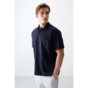 T-shirt basique pour homme bleu marine, en coton épais et doux, coupe ample avec col polo - 88382, tissu tricoté - Product Image 3
