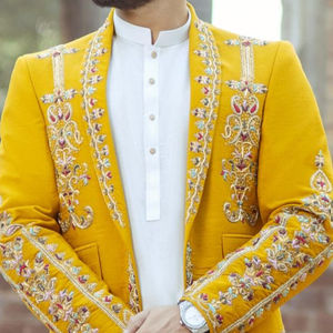 2023 nueva colección chaqueta amarilla pantalón Kurta blanco Zari pantalones de talla grande trajes para adultos de un solo pecho para fiestas bodas - Product Image 1