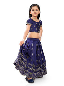 Shoryam Fashion Robe traditionnelle indienne pour enfants, imprimé bleu métallisé, Lehenga longueur ras du sol, Choli à manches bouffantes, tenue de fête pour filles - Product Image 3